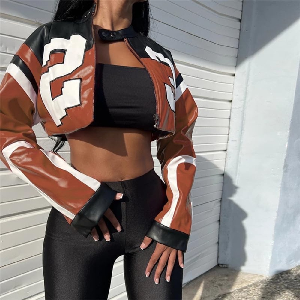 NWT Brown & Black Cropped Faux Leather Racing Moto Jacket - "23"
